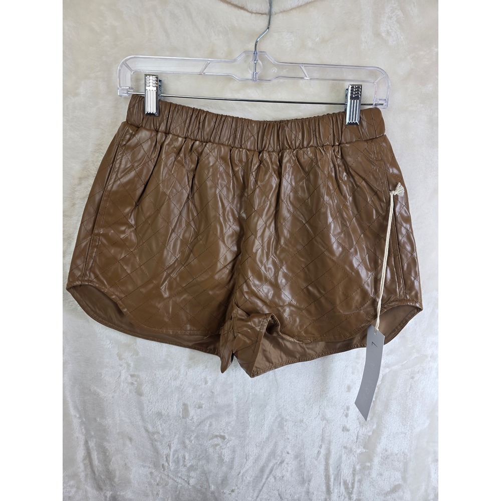 Lumiere Quilted Faux Leather Shorts Brown Elastic Waist Pockets‎ NP41051 Mens M